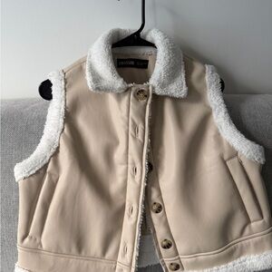 Cream Sherpa-Lined Faux Leather Vest